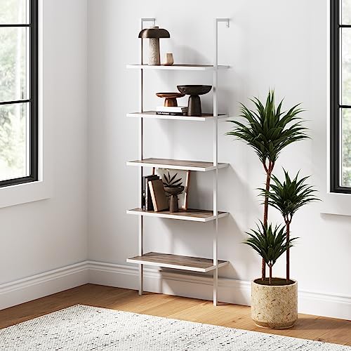 Nathan James Theo 5-Shelf Modern Bookcase, Open Wall Mount Ladder Bookshelf with Industrial Metal Frame, Gray Oak Wood/White