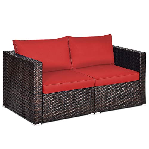 COSTWAY 2PCS Patio Rattan Corner Sofa Sectional Furniture Set Red Cushion