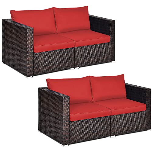 COSTWAY 4PCS Patio Rattan Corner Sofa Sectional Conversation Set Red Cushion