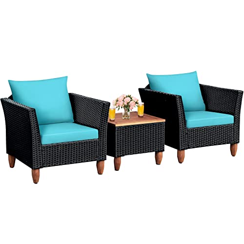 COSTWAY 3PCS Outdoor Patio Rattan Furniture Set Wooden Table Cushioned Sofa Turquoise