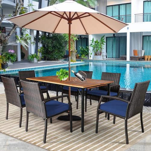 COSTWAY 7PCS Patio Rattan Dining Chair Table Set W/Cushion Umbrella Hole Navy