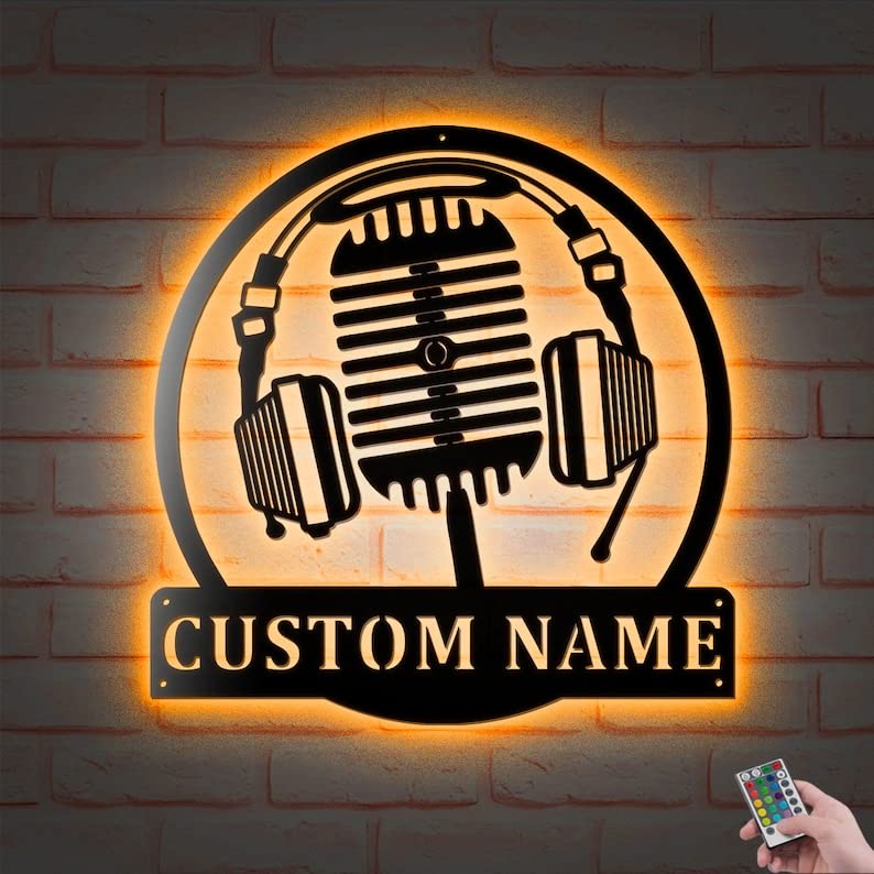 CEFFYLO Custom Music Audio Studio Metal Wall Art With Led Lights, Personalized Microphone Headphones Name Sign Home Decor Musician Room Decoration