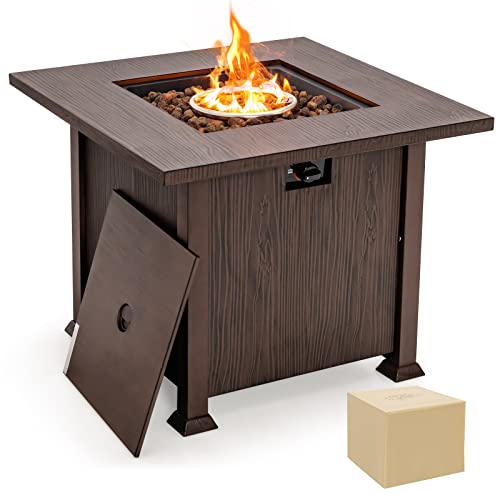 COSTWAY 32 Inches Propane Fire Pit, 50,000 BTU Gas Fire Pit Table with Lid, Lava Rocks, Protective Cover, 2-in-1 Outdoor Fire Table with Adjustable Flame, Stainless Steel Burner, CSA Certification