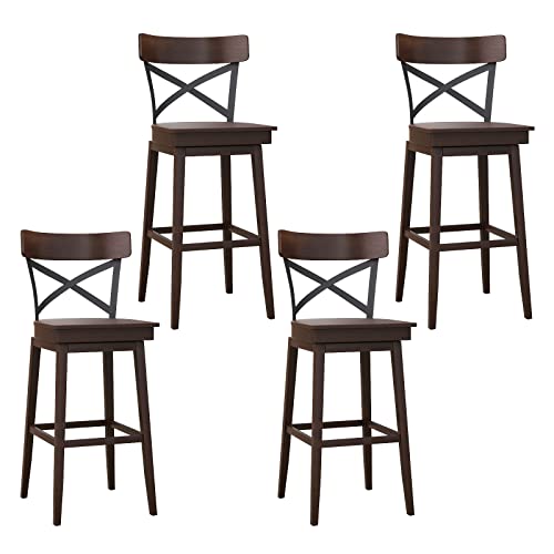 COSTWAY Swivel Bar Stool Set of 4, 29 Inch Ergonomic Counter Height Chairs with Open X Back & Footrest, 4PCS Vintage Wooden Barstools for Kitchen Island, Pub, Bistro, CafŽ, Brown (4, 29 inch)