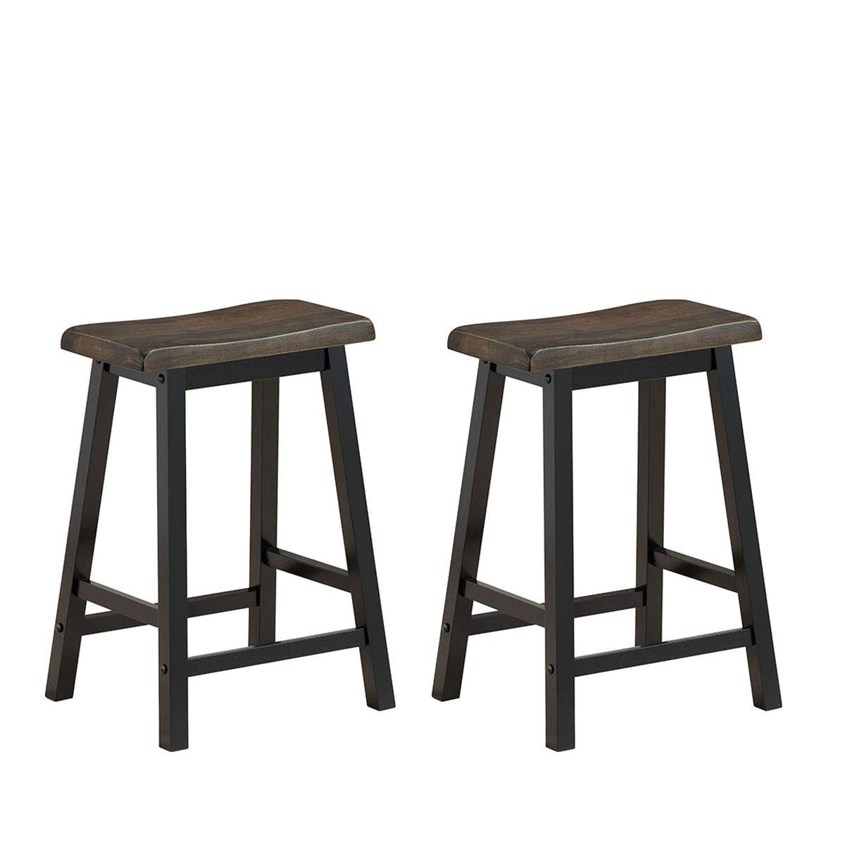 COSTWAY Saddle Stools Set of 2, 24-inch Height Vintage Counter Height Chairs with Solid Wood Legs, Modern Backless Design Indoor Bar Stools for Kitchen, Dining, Pub and Bistro, Grey