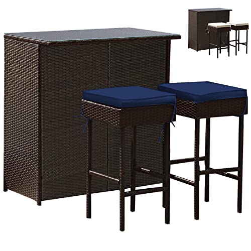 COSTWAY Patio 3PCS Rattan Bar Table Stool Set Cushioned Chairs w/Navy & Off White Cover