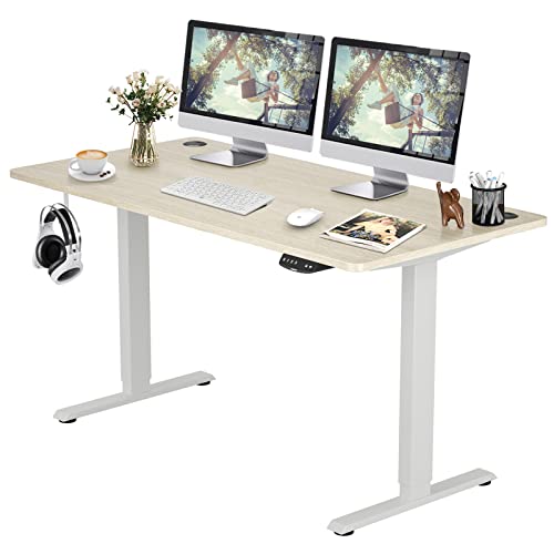 COSTWAY Dual Motor Electric Stand Up Desk, Height Adjustable Standing Desk w/Solid One-Piece Desktop & Memory Controller, Home Office Sit-to-Stand Computer Workstation (White + Natural, 55''X28'')