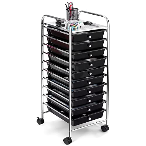 COSTWAY 10-Drawer Rolling Storage Cart, Utility Mobile Trolley with Removable Drawers & Universal Casters & 2 Brakes, Versatile Flexible Drawer Organizer Cart for Home, Office (Black)