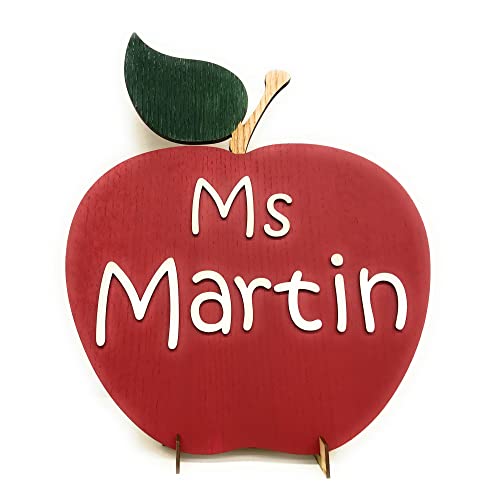 Teacher Apple Sign Personalized with Name - Wooden Sign for Classroom (6"x7.8", Block Font)