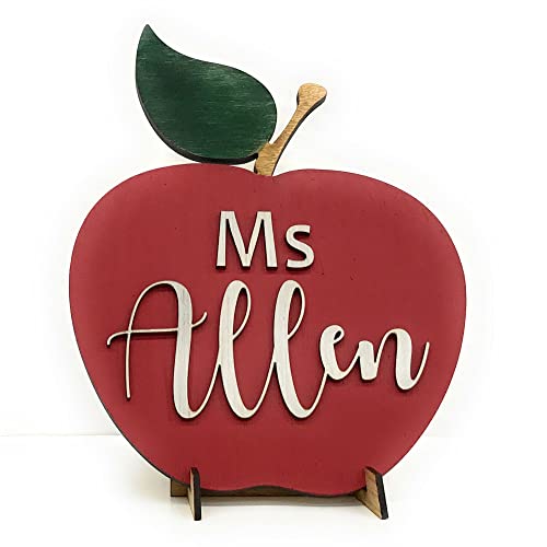 Teacher Apple Sign Personalized with Name - Wooden Sign for Classroom (6"x7.8", Script Font)