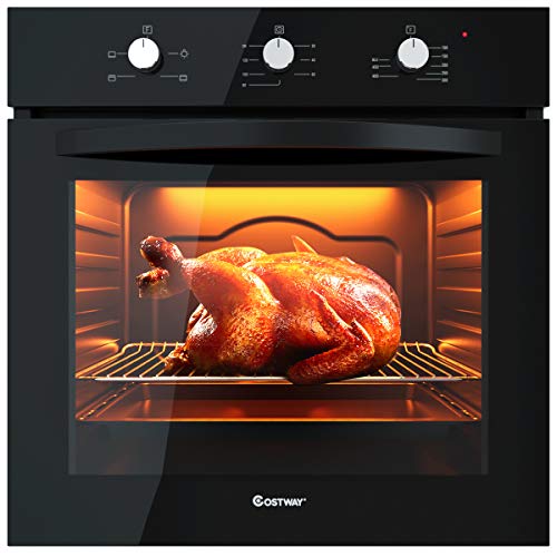 COSTWAY 24" Built-In Single Wall Oven Electric 2.5 Cu. Ft. Capacity, Multifunctional Under Counter Oven, Full 2-layer Black Glass with Cooling Down Fan in Stainless Steel Frame (4-Functions)