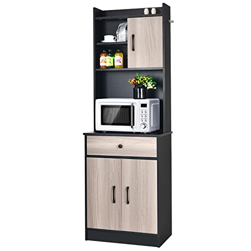 COSTWAY 71" Kitchen Buffet with Hutch, 3-Door Kitchen Pantry with Large Drawer, Adjustable Shelves, Wide Countertop, Cable Hole, Freestanding Storage Cabinet for Living Room(Black)