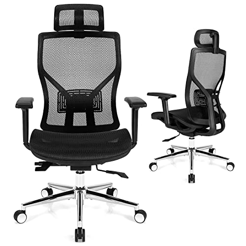 COSTWAY Ergonomic Home Office Chair, Adjustable Swivel Mesh Executive Chair w/Reclining Backrest, Headrest and 3D Armrests, High Back Computer Desk Chair for Gaming, Reading, Studying, Black