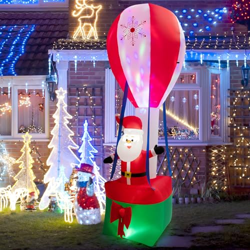 COSTWAY 12FT Inflatable Christmas Decoration, Inflates Hot Air Balloon & Santa Claus w/LEDs & Air Blower