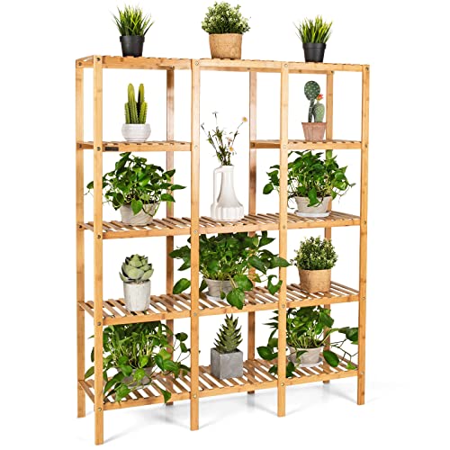 COSTWAY Plant Stand Indoor, 5-tier Bamboo Plant Display Organizer with Stand for Multiple Plants, Plant Shelf Outdoor for Window, Garden, Balcony, Living Room