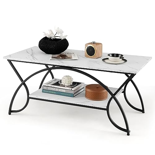 COSTWAY 2-Tier Coffee Table, Modern Faux Marble Accent Table with Storage and Black Finished Metal Frame, Chic Rectangular End Table for Living Room Office Lounge (White+Black)