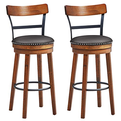 COSTWAY Bar Stools Set of 2, 360-Degree Swivel Stools with Leather Padded Seat, Single Slat Ladder Back & Solid Rubber Wood Legs, Bar Height Stools for Pub, Restaurant, Kitchen, Brown (2, 30.5)