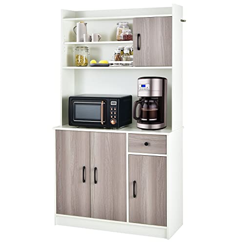 COSTWAY Freestanding Buffet with Hutch, Kitchen Pantry Storage Cabinet with 5-Position Adjustable Shelves and Open Shelves, Doors and Drawer for Home (White)