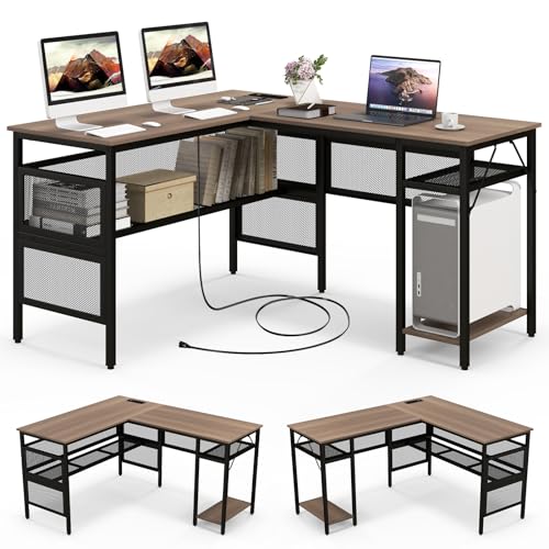 COSTWAY L Shaped Desk with Charging Station, 55” Reversible Corner Computer Desk with Mesh Storage Shelves, CPU Stand, 2 Person Gaming Desk Computer Workstation for Home Office