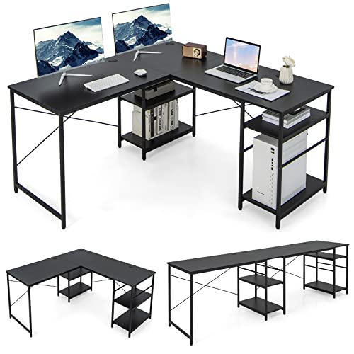 COSTWAY L-Shaped Corner Desk, Convertible Computer Desk with 4-Tier Shelves & 3 Cable Holes, Modern Gaming Writing Workstation, 95 Inch 2-Person Long Computer Desk for Home Office (Black)