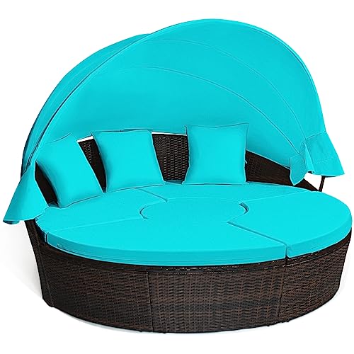 COSTWAY Patio Rattan Daybed Cushioned Sofa Adjustable Table Top Canopy Turquoise