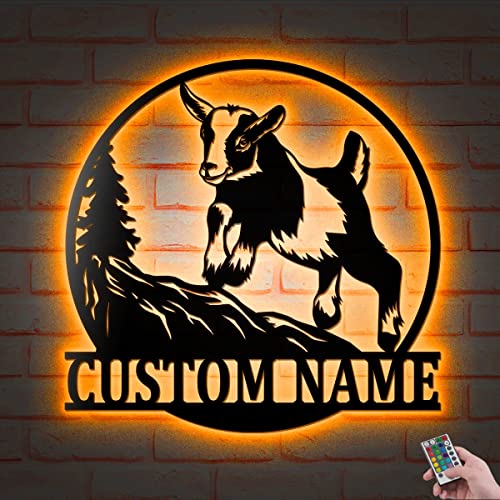 Custom Baby Goat Cute Metal Wall Art With Led Lights, Personalized Goat Name Sign Decoration For Home, Baby Goat Metal Gifts