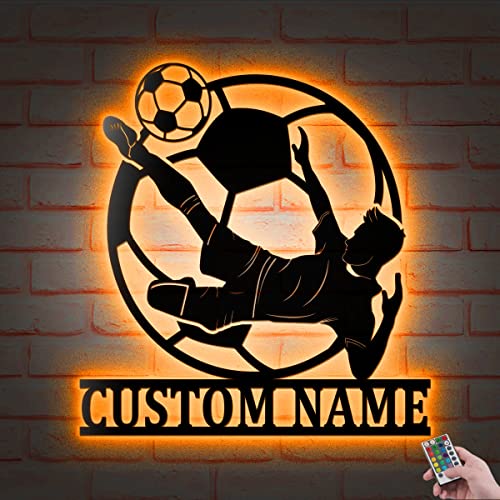 Custom Man Soccer Metal Wall Art LED Light, Personalized Football Player Name Sign Home Décor, Kid Boy Girl Nursery Decoration