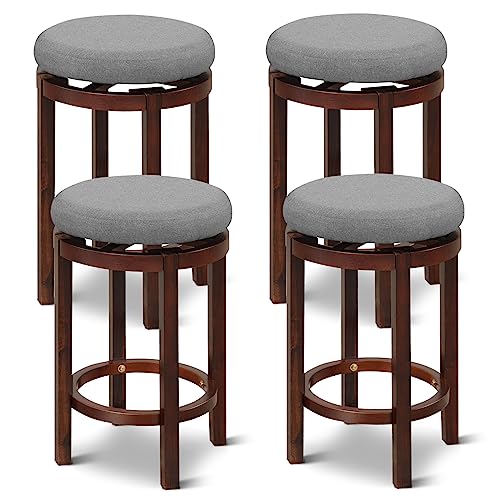 COSTWAY Swivel Counter Height Stools Set of 4, Max Load 400 lbs, 26-inch Height Backless Round Stools with Padded Cushion, Rubber Wood Leg, Footrest, Bar Stool for Kitchen Island Home Pub, Grey+Brown