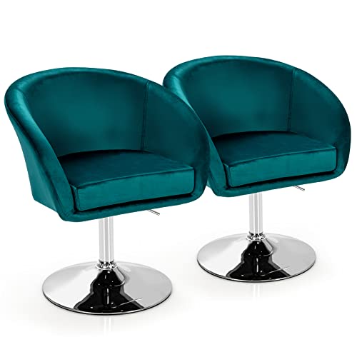 COSTWAY Vanity Chair Set of 2, Height Adjustable Modern Velvet Makeup Chair with Chrome Frame, Round-Back, Comfortable Swivel Accent Leisure Chair for Living Room, Bedroom (Dark Green)