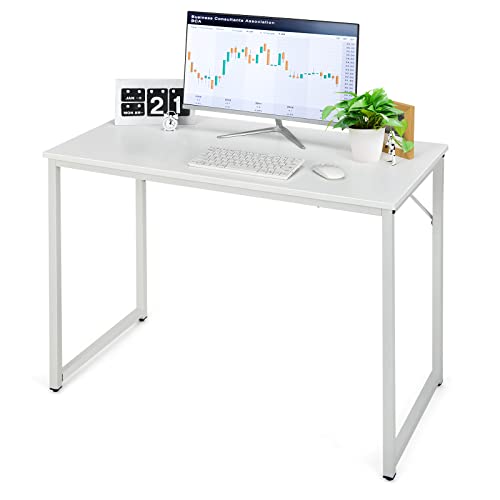 COSTWAY Home Office Computer Desk, 40 inch Modern Simple Writing Study Desk, Metal Frame Gaming Desk, Laptop PC Workstation for Living Room, Bedroom & Study (White)