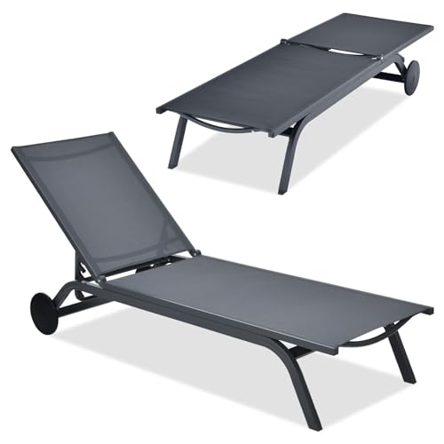 COSTWAY Outdoor Patio Chaise Lounge,Ê6-Position Adjustable Lounge Recliner with Aluminum Frame, Portable Outdoor Sun Bathing Lounge Chair on Wheels for Patio Poolside Backyard Porch Garden, Grey