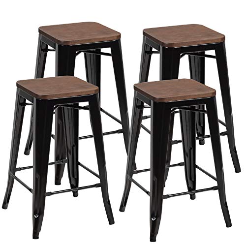 COSTWAY 26 inch Metal Bar Stool Set of 4, Counter Height Backless Stool with Wooden Seat, Solid Iron Legs with Footrest, Industrial Stackable Bar Stool for Dining Room, Living Room, Kitchen, Black (4)