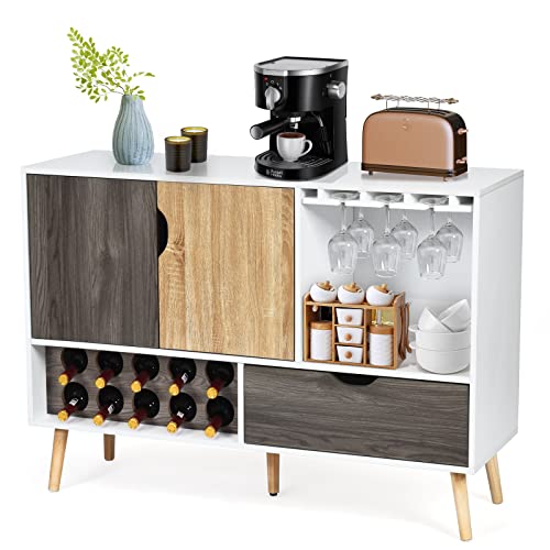 COSTWAY Buffet Sideboard, Coffee Bar Cabinet with 10-Bottle Wine Rack, Glass Holder, Door Cabinet & Drawer, 5 Solid Wood Leg Support, for Kitchen, Living Room