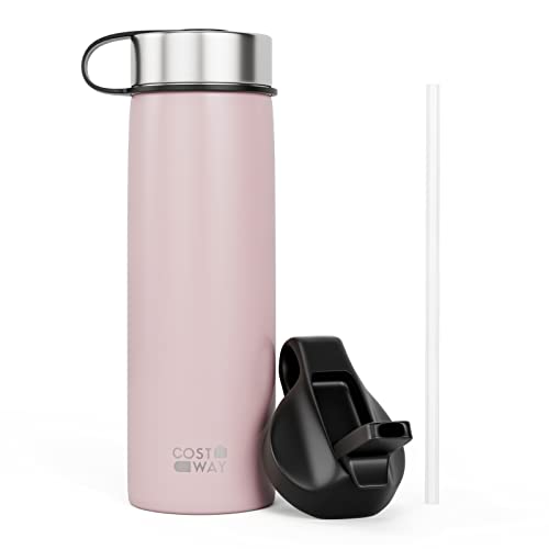 COSTWAY 22 oz Insulated Water Bottle, Stainless Steel with 2 Lids & Straw, Double Walled Insulated Water Flask for Hot & Cold Drinks, Suitable for Backpack, Hiking, Camping, Office (Pink)