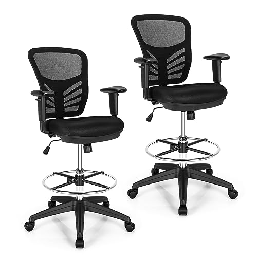 COSTWAY Ergonomic Drafting Chair Set of 2, Mesh Back Tall Computer Office Chair w/Adjustable Footrest, Flip up Armrests, Height Adjustable Standing Desk Chair for Home Office, Black