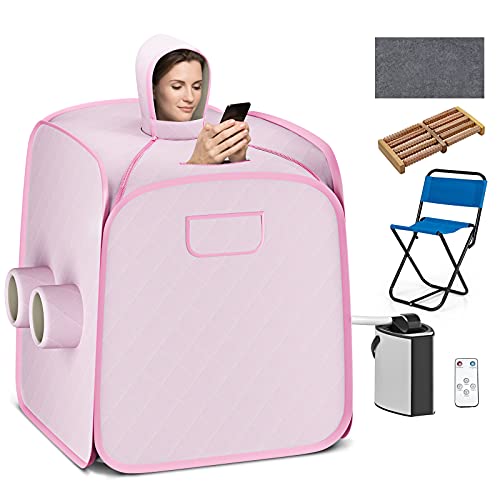 COSTWAY Portable Steam Sauna, Remote Control, 3L Steamer, Foldable Sauna Spa with 9 Temperature and 90 Mins Timer, Atomization, Personal Sauna Hat Tent for Detox Relaxation (Pink)