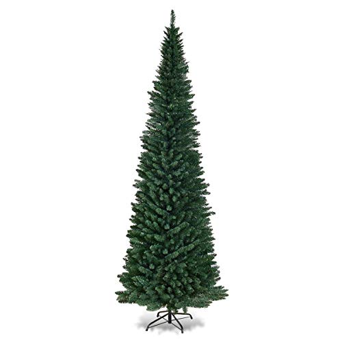 COSTWAY 9FT PVC Artificial Pencil Christmas Slim Tree w/Metal Stand for Indoor and Outdoor, Green