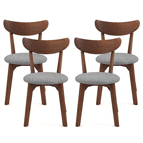 COSTWAY Dining Chairs Set of 4, Mid-Century Modern Kitchen & Dining Chairs with Curved Back and Cushioned Seat, Walnut Finished Wood Living Room Side Chairs for Kitchen, Dining Room, Bistro