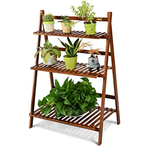 COSTWAY Bamboo Plant Stand, Foldable Multifunctional Flower Display Ladder Shelf, 3-Tier Storage Rack