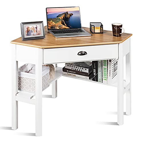 COSTWAY Corner Desk, Writing Corner Computer Desk with Drawer for Small Space, Wood Makeup Vanity Desk, Small Corner Desk with Shelves, Office Study Workstation, White Corner Desk (Natural)