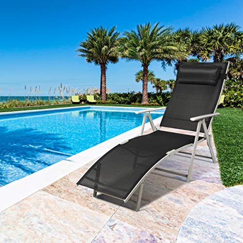 COSTWAY Outdoor Folding Chaise Lounge Chair Lightweight Recliner w/Cushion Black