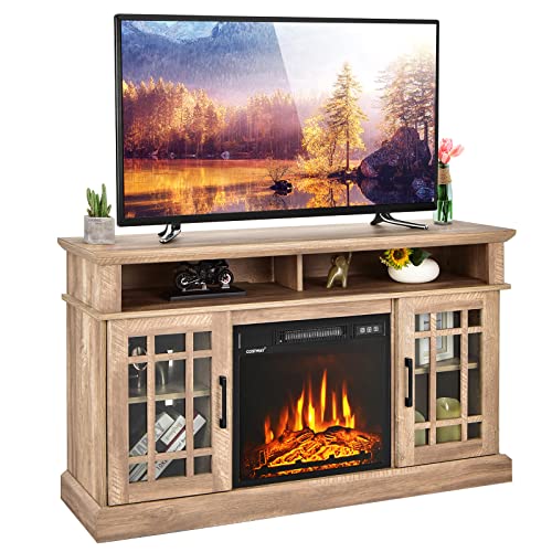 COSTWAY Electric Fireplace TV Stand for TVs Up to 55 Inches, 18-Inch Fireplace Insert with Remote, Overheat Protection, 48-Inch Wooden Media Entertainment Center with Adjustable Shelves, Natural