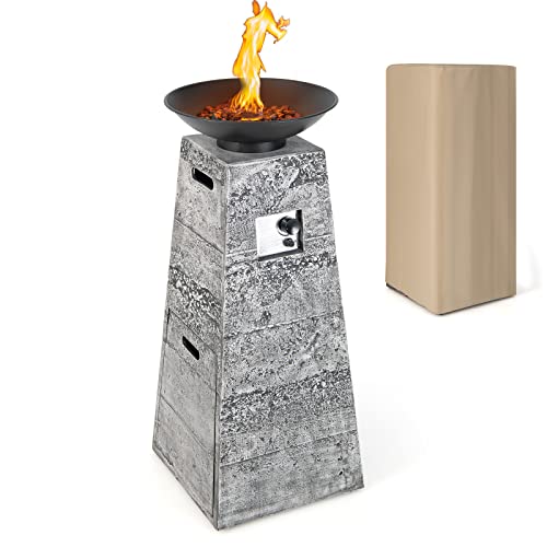 COSTWAY Propane Fire Bowl Column, Outdoor Burning Fire Bowl W/Lava Rocks & PVC Cover, 30,000 BTU Heat Output, Stainless Steel Burner, Ideal for Backyard, Poolside, Simple Installation