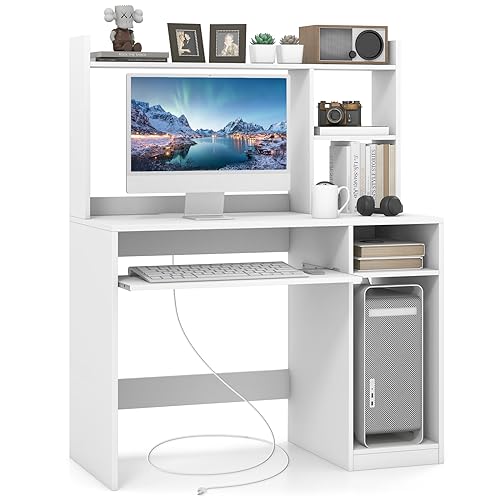 COSTWAY White Computer Desk with Storage Shelf, Wooden Writing Desk with Hutch, Office Desk with CPU Stand & Keyboard Tray, Home PC Desk with Bookshelf, for Bedroom, Study, Living Room