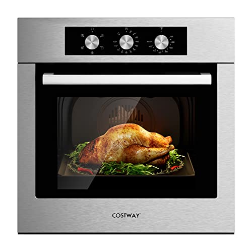 COSTWAY 24" Single Wall Oven, Electric Built-in Wall Oven with 2.47 Cu. Ft. Capacity, 5 Cooking Functions, 360¡ Rotisserie and Timer, 2300W Built-in Oven in Stainless Steel with Mechanical Knobs