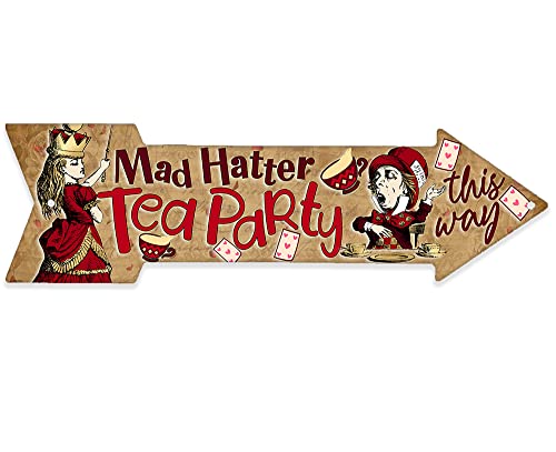 Alice in Wonderland Decor - Mad Hatter Tea Party This Way - Directional Arrow Metal Sign - Alice in Wonderland Signs - Home Decor Wall Art Perfect Alice in Wonderland Gifts and Decorations