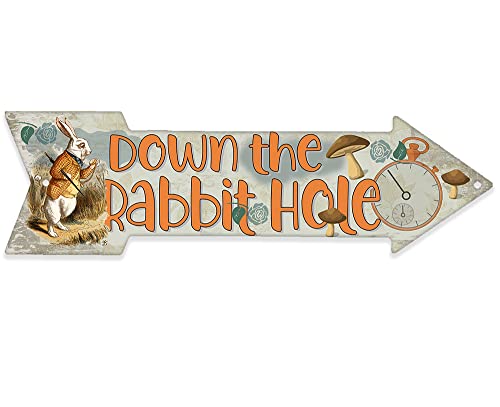 Alice in Wonderland Decor - Down The Rabbit Hole - Directional Arrow Metal Sign - Alice in Wonderland Signs - Home Decor Wall Art Perfect Alice in Wonderland Gifts and Decorations