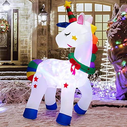 COSTWAY 6FT Tall Christmas Magic Unicorn, Inflatable Unicorn Decoration with Rainbow Tails & Christmas Wreath