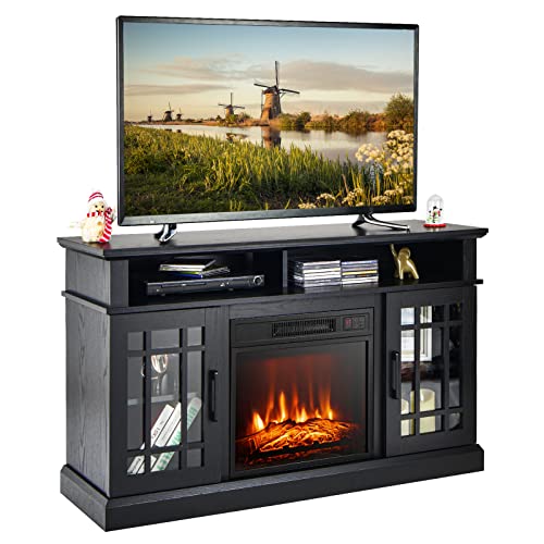 COSTWAY Electric Fireplace TV Stand for TVs Up to 55 Inches, 18-Inch Fireplace Insert with Remote, Overheat Protection, 48-Inch Wooden Media Entertainment Center with Adjustable Shelves, Black