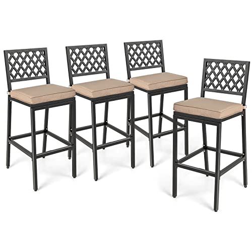 COSTWAY 4 PCS Patio Bar Chairs, Heavy-Duty Metal Frame Bar Stools Set of 4, Indoor Outdoor All-Weather Resistant Barstools with Detachable Cushion & Footrest, for Patio, Garden, Poolside (4)